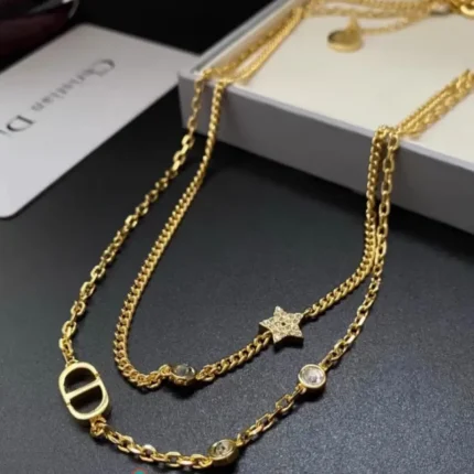 Christian Dior PETIT CD double-chain Rhinestone Star Logo Necklace