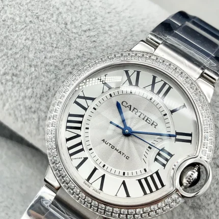 Ballon Bleu de Cartier watch 36 mm, mechanical movement with automatic winding, steel, diamonds